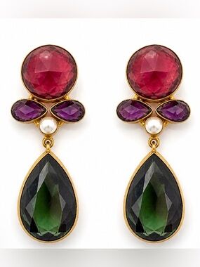 Ottoman Hands gold plated statement dangle earrings – tourmaline amethyst pearl